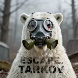 surrealist art style, polar bear wearing a gas mask bleeding from eye sockets set in Escape From Tarkov, stencil, traditional, dystopian, depth of field, physically based rendering, pbr render, very detailed, volumetric lighting, octane render