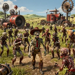 Horde of redneck zombies in steampunk Kansas, 3d scene, render, ultra realistic, zenith view, Greg Rutkowski, artstation, cgsociety, unreal engine, ray tracing, detailed illustration, hd, 4k, digital art, overdetailed art, concept art, complementing colors, Trending on artstation, deviantart