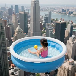 sitting in a small kiddie pool that is falling 5 0 0 feet above nyc
