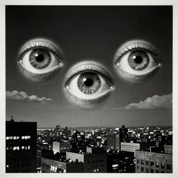 a poster of three realistic eyes floating in the sky over a city, high contrast, low key, black and white, vintage poster, film grain
