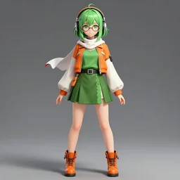 anime is an 1 8 - year - old girl, short green hair and green eyes, dressed in a green top, orange short jacket with white sleeves, a green skirt with lace in the center on the straps, orange boots and glasses and headphones on her head, a white scarf with a red insert on her neck, anime style, elegant, highly detailed, digital painting, artstation, concept art, smooth, sharp focus, digital art, hyperdetalied, video game icon artstation lois van baarle, ilya kuvshinov, rossdraws