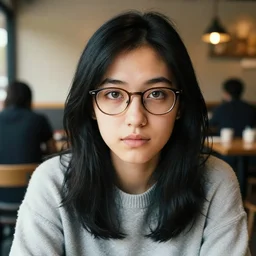 a photograph of a nerdy young woman from ucla wearing a sweater, sitting in a cozy cafe, black hair, dof, sharp focus, highly detailed face, symmetric face, realistic iris, cinestill 8 0 0 t, photography by julia hetta
