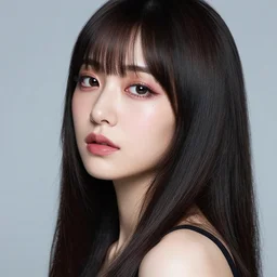 professional photograph of female japanese model in emo makeup, long hair, fringe