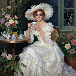 thick paint brush strokes full body fashion model smiling emma watson by Jeremy Lipking by Hasui Kawase by Richard Schmid (((smokey eyes makeup eye shadow fantasy, glow, shimmer as victorian woman in a long white frilly lace dress and a large white hat having tea in a sunroom filled with flowers, roses and lush fern flowers ,intricate, night, highly detailed, dramatic lighting))) , high quality