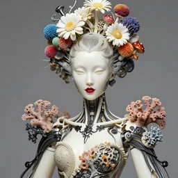 beautiful porcelain ivory woman elegant biomechanical cyborg, beautiful fair face, red plump lips, iris van herpin, elegant haute couture, black intricate details, cable wires, laser cut mesh, headdress with daisies, colorful puffballs, mushrooms, rhizomorphs, brackets, fractal sponge corals, magnesium, hyper detailed, ultra sharp, soft light, 8 k,