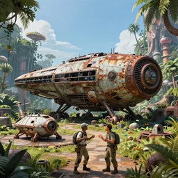 a huge futuristic rusty abandoned old alien spaceship, next to it a smaller exploration vehicle on a landing pad, surrounded by a lush alien jungle, in the foreground two explorers are arguing, clear skies, volumetric light, hyperdetailed, artstation, cgsociety, 8k