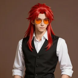 An epic fantasy comic book style portrait painting of young man with red spiked long hair, using an orange lens googles. Wearing white shirt, a black waistcoat, brown pants and black boots. He is throwing a wild fire blast from his hands, with a vicious smile in face. Unreal 5, DAZ, hyperrealistic, octane render, cosplay, RPG portrait, dynamic lighting
