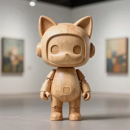 8 k octan, advertising, highly detailed, photo, a totally wooden sculpture collectible art toys wooden on feet, very cute minimalist cyborg zen with cat ears, cyberpunk a contemporary art gallery, sharp focus, masterpiece, nofinito, design