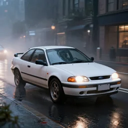 highly detailed, photo realistic, white ford probe gt at night in the rain driving on a city street, dense fog, unreal engine, by greg rutowski, by stanley artgerm, by alphonse mucha