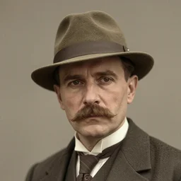A photograph portrait of Jerma985 wearing a homburg hat in the early 1920s, taken in the early 1920s, grainy, taken on a early 1900s Kodak Camera, realistic, hyperrealistic, very realistic, highly detailed, very detailed, extremely detailed, detailed, digital art, trending on artstation