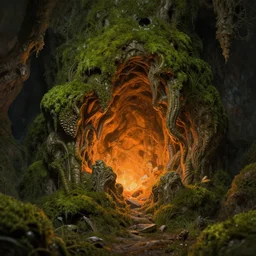mossy cave lit by orange minerals, deep focus, d & d, fantasy, intricate, elegant, highly detailed, digital painting, artstation, concept art, matte, sharp focus, illustration, hearthstone, art by artgerm and greg rutkowski and laura sava and alphonse mucha