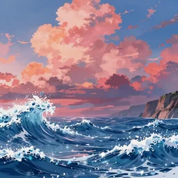 anime landscape wallpaper, waves simulated crystal clear waves, ocean cliff side, pink, blue, orange, and red clouds