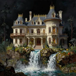 retrofuturistic mansion, house, estate in a waterfall. highly detailed science fiction painting by norman rockwell, frank frazetta, and syd mead. rich colors, high contrast, gloomy atmosphere, dark background. trending on artstation