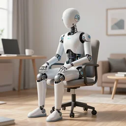 a posthuman cyborg in their apartment sitting down at a chair, artstation frontpage, maximalist, art deco architecture, socialist realism, blue