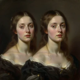 neoclassical oil frontal portrait of adult female twins in the apocalypse.