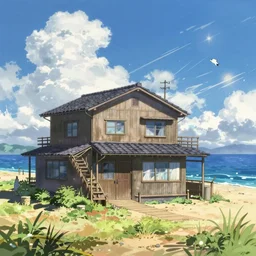 atmospheric magical nostalgic summer's day storybook painting by studio ghibli of a japanese beach house on a sunny day by the ocean, in the anime film by Makoto Shinkai, shinkai wallpaper