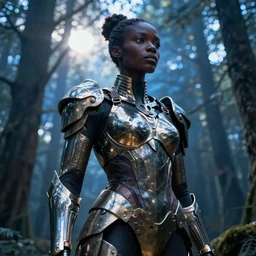 hyperrealistic very beautiful! black woman, detailed exoskeleton armor, in a forest sun behind, digital art brad kunkle elson peter, dramatic blue light low angle hd 8k sharp focus