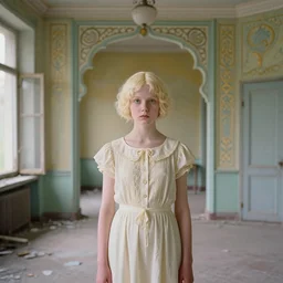 a young ivory girl in an soviet golden liminal abandoned room, film still by wes anderson, depicted by balthus, limited color palette, very intricate, art nouveau, highly detailed, lights by hopper, soft pastel colors