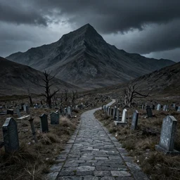 wide angle image, hellish abandoned background landscape, massive mountains, winding stone path leading to a cemetery gravesite, graves, headstones, dead trees, stormy sky, horror, unsettling, by gaston bussiere, craig mullins, j. c. ley