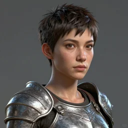 hyper detailed 3 d full body character portrait of a woman with a pixie cut and armor, realistically proportioned face, photorealistic eyes, cinematic lighting, good value control, smooth, realistic shading, realistic face details, highly detailed, digital painting, painted texture maps, illustration, substance painter, ultra realistic, very highly detailed, segmented armor