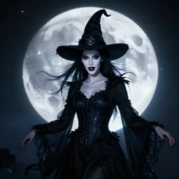 portrait of wicked moon witch, beautiful, attractive, glowing, jaw dropping, magical, dynamic lighting, dark, menacing, 4 k, octane render, age 2 0, background moon