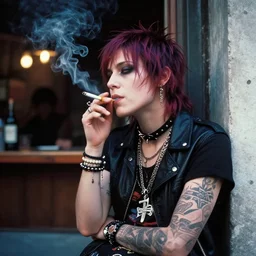 androgynous punk smoking cigarette outside bar, photo kodachrome