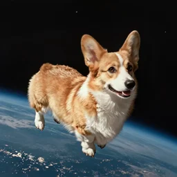 photo of a corgi floating in space, cyberpunk, vintage, inspired by david lynch