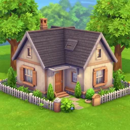 A painting of a beautiful cottage, with a lush grass lawn, featuring a tree in the style of Sims 2, gameplay footage