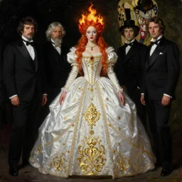 highly detailed oil painting | very intricate | cinematic lighting | black, white and gold color scheme, dark background | the redhead princess of fire dressed by alexander mcqueen | by roberto ferri, by tom bagshaw, by singer sargent and klimt, american romanticism, occult art | by austin osman spare, artstation, cgsociety, official art, octane