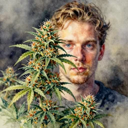 watercolot painting by conrad roset, cannabis flowers growing out, portrait, cgsociety, artstation