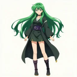 a drawing of tatsumaki with green hair, an anime drawing by rumiko takahashi, trending on pixiv, superflat, anime, wiccan, full body