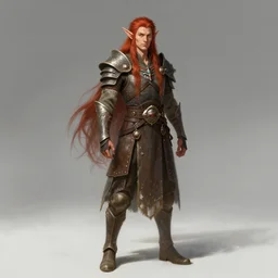 adjudicator with long red hair, wearing elf tribal armor concept, full body concept, beksinski, ruan jia