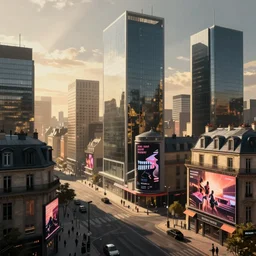 modern downtown city, Parisian buildings, billboards, advertisements, Times Square, small buildings, dark, matte painting, concept art, digital painting, style of Ian Hubert, warm lighting, futuristic, volumetric lighting, street view, daytime, godrays , high detail, no sky scrapers