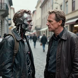 film still of bryan cranston and a cybernetic creature in cosmic horror! the musical by david cronenberg, budapest street background, 3 5 mm film, atmospheric, ultra fine detail, film grain, photorealistic, hyperrealistic