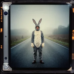 kodak portra 4 0 0, wetplate, flashlight, 8 5 mm carl zeiss, blueberry, award - winning colour portrait by britt marling : a sunlit picture of a man in a rabbit suit in a road creepy, unsetling, quadratic picture frames, haze, wallpaper, fog, no people