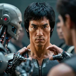 a film still of a neocyborg + cyberpunk bruce lee in enter the dragon mirror scene, close up, quint, wlop, dan mumford, artgerm, liam brazier, peter mohrbacher, raw, featured on artstation, octane render, photo realistic, sharp focus and details on face, rule of thirds, cinematic, rugged, dramatic lighting, intricate, 8 k