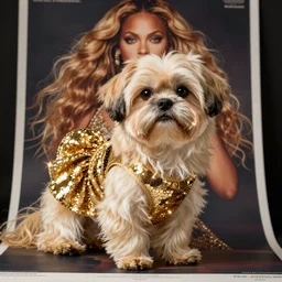 cream - colored havanese dog in a sexy gold sequined dress, with lots of glittering light, beyonce, dave lachapelle poster, private press