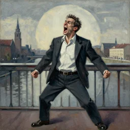 a man screaming on a bridge. expressionism.