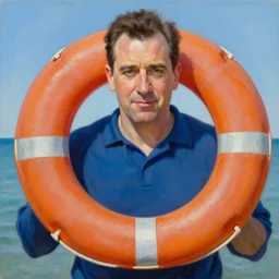 george costanza being saved by a life guard, oil on canvas, intricate, portrait, 8 k highly professionally detailed, hdr, cgsociety