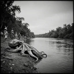 wide angle river, low angle panorama scary unproportionable dead body of oversized giant octopus on side of the tribal river next to fismen standing in water, heavy vignette!, dramatic dark ,grayscale 1900s picture