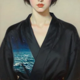 hyperrealism oil painting, close - up fashion portrait of woman in black robe, soft light, soft colors, ocean pattern mixed with star sky in front, in style of classicism mixed with 7 0 s japanese sci - fi book art