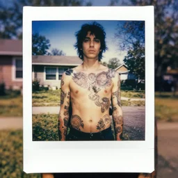 detailed color analog medium format photo made by harmony korine, polaroid photo of person with tatoos in american suburbs, high production value, intricate details, 8 k resolution, hyperrealistic, hdr, photorealistic, high definition, tehnicolor, award - winning photography, masterpiece, amazing colors,