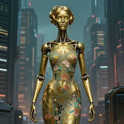 brass semi - mechanical woman, portrait, floral art nouveau dress, art by ardian syaf and moebius, in cyberpunk cityscape