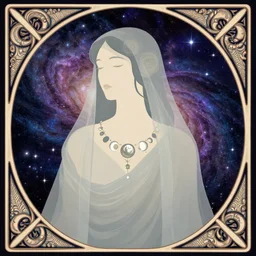 a portrait of a galaxy as an androgynous druid spirit wearing a necklace of moons and stars, draped in transparent cloth, flat colors, occult, minimal, swirly, bust by alphonse mucha, decorative art deco border, astrophotography, vast cosmos, digital illustration, trending on artstation
