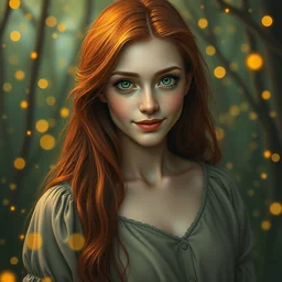 young woman, fit body, serene smile, surrounded by golden firefly lights amidst nature, fully covering dress, long red hair, precise linework, accurate green eyes, small nose with freckles, beautiful smooth oval shape face, empathic, expressive emotions, hyper realistic ultrafine art by artemisia gentileschi, jessica rossier, boris vallejo