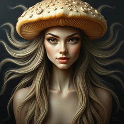 perfectly centered portrait front view of a beautiful mushroom goddess, flowing hair, intense stare, sweet smile, symmetrical, concept art, intricate detail, volumetric shadows and lighting, realistic oil painting by alex grey,