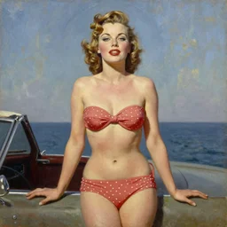 1940s pinup bikini girl, oil painting, by Gil Elvgren