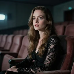 cinestill 5 0 d photo portrait of a dreamy beautiful woman britt marling 3 / 4 sitting in a dystopian abandoned cinema by kubrik, long hair, wearing black lace, 8 k, elegant, highly detailed, cinematic colors rendering, soft blur, artstation, sharp focus, head in focus,
