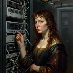placid, melancholic craquelure, chiaroscuro by alison bechdel, by george cruikshank, by leonardo da vinci. a illustration of woman entangled in the pipes and cables in a datacenter with computers