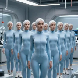 army of identical athletic female clones in formation, white hair, tight light blue neopren suits, in rows, futuristic chemistry lab, sci - fi, highly detailed, cinematic